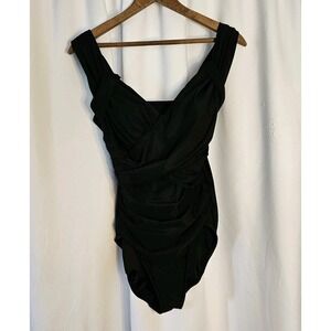 Lands' End Black‎ Wrap Front One Piece Swimsuit  size 10 EUC Swim Beach Vacation